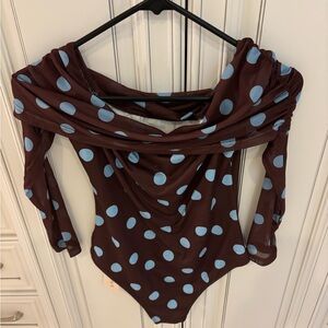 Off-Shoulder Brown Polka Dot Bodysuit with Light Blue Dots